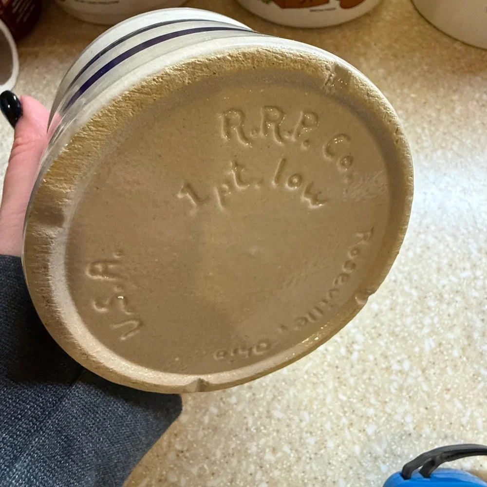 Vintage Crock Roseville Robinson Ransbottom Blue 1 Quart Low Striped Ceramic Pot - Picture 13 of 16
